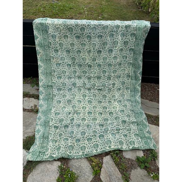 Vintage Kashmiri Handmade Quilt Green Size 57" x 76" Twin Throw Heriloom Ehtnic - Picture 7 of 10